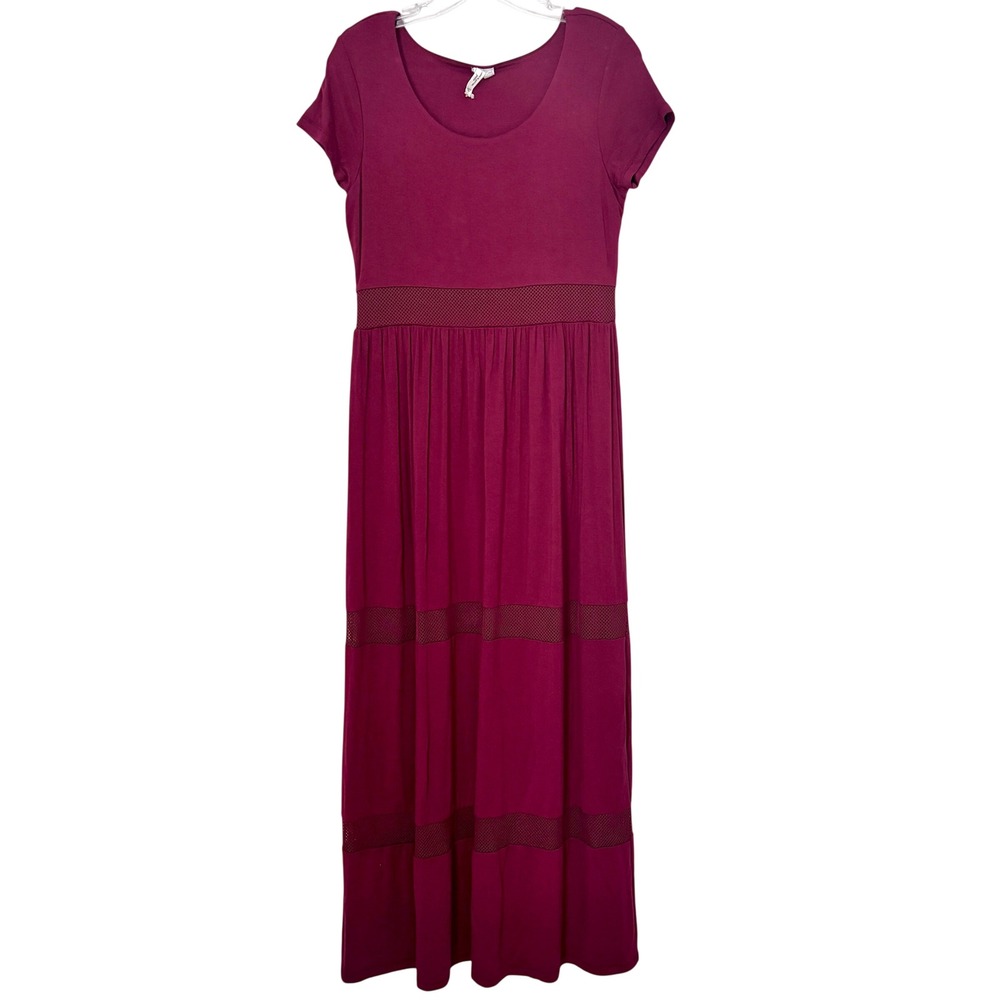 Cable & Gauge Purple Short-Sleeve‎ Maxi Dress Smocked Bodice Lace Medium Petite